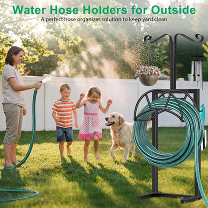 TomCare Garden Hose Holder 4 Spikes Garden Hose Reel Hose Stand Upgraded Water Hose Storage with Tool Hooks Garden Hose Hanger Organizer Holds 160ft Hoses for Outside Yard Lawn, Black