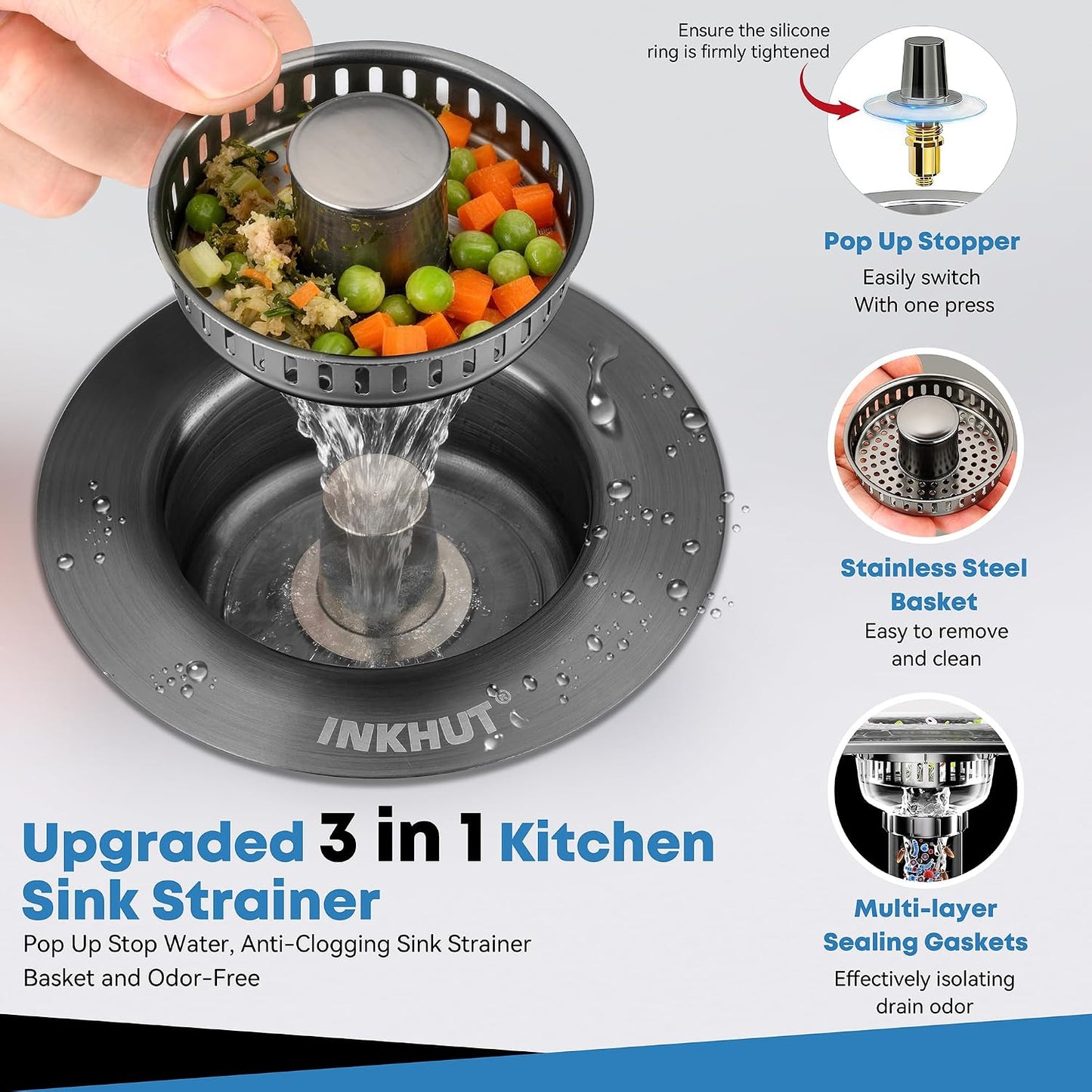 Upgraded 3 in 1 Kitchen Sink Drain Strainer - Stainless Steel Sink Stopper, Anti-Clogging Sink Food Catcher Basket, Fast Drainage Odor Filter Sink Plug for US Standard 3 1/2 inch Drain (Silver-1Pack)