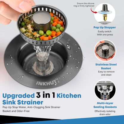 Upgraded 3 in 1 Kitchen Sink Drain Strainer - Stainless Steel Sink Stopper, Anti-Clogging Sink Food Catcher Basket, Fast Drainage Odor Filter Sink Plug for US Standard 3 1/2 inch Drain (Silver-1Pack)