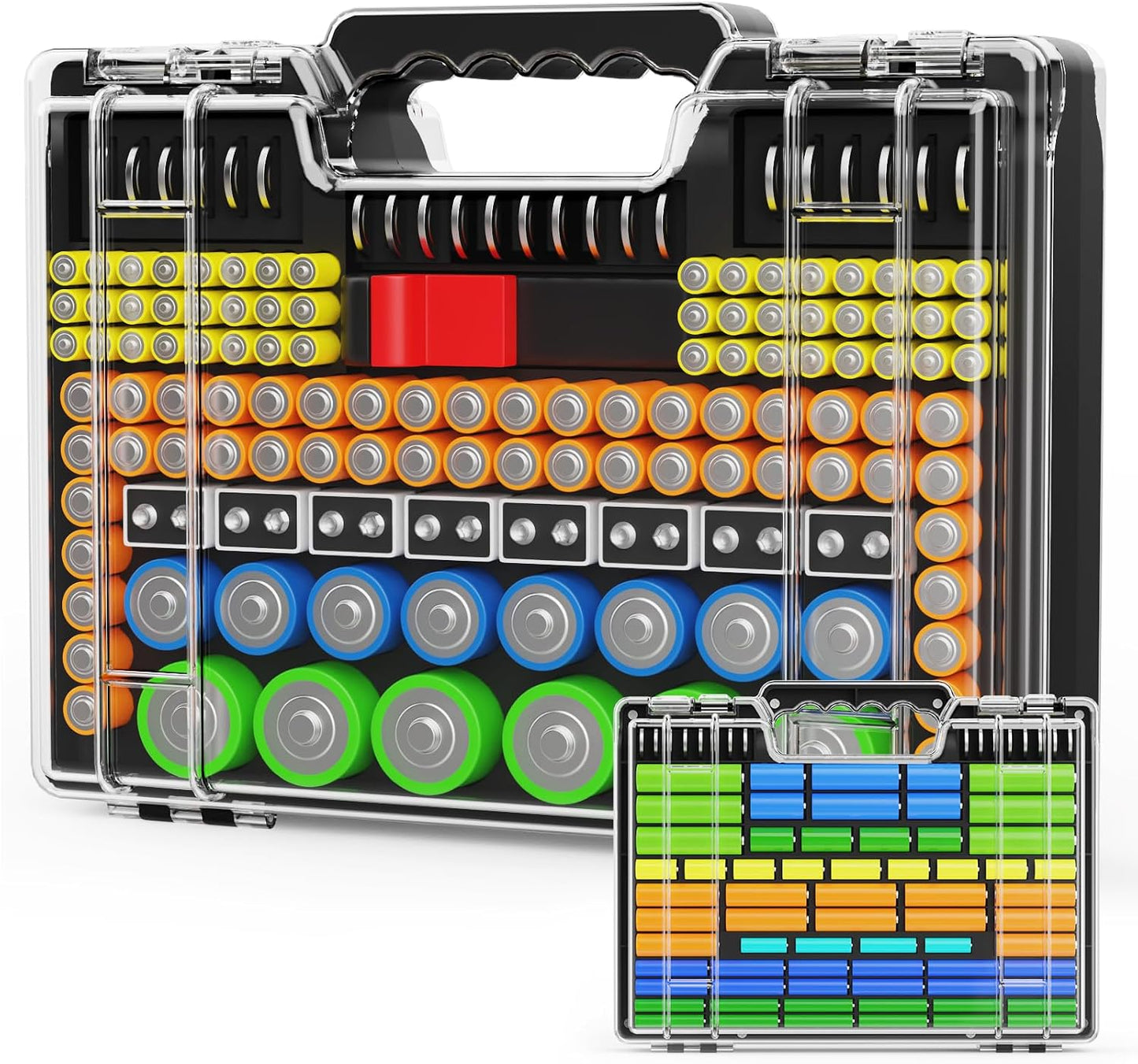 Molutsody Battery Organizer Box with Tester, Storage Case Holds 260 Batteries, Double Clear Locking Lid for AA AAA C D 9V - Red (Batteries Not Included)