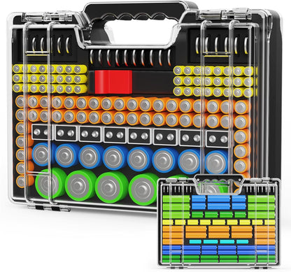 Molutsody Battery Organizer Box with Tester, Storage Case Holds 260 Batteries, Double Clear Locking Lid for AA AAA C D 9V - Red (Batteries Not Included)
