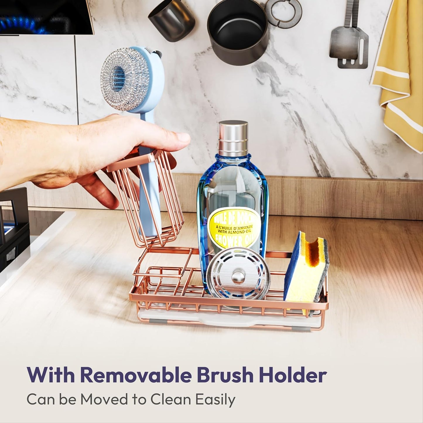 SWTYMIKI Sink Caddy Sponge Holder - Kitchen Sink Organizer with High Brush Holder for Countertop to Hold Dish Soaps and Sponges, Stainless Steel, Black