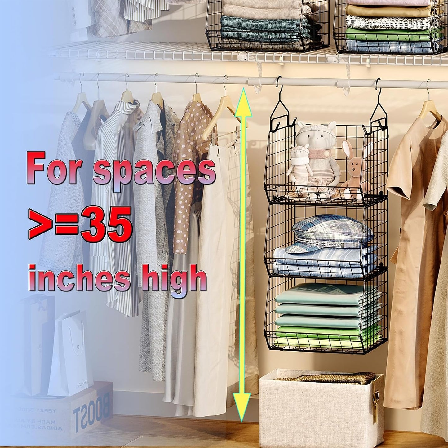 X-cosrack 3-Tier Hanging Closet Organizer, Laundry Room Organization | Space Saving Shelves with 1.65" Hook & 5 S-Hooks | Hanging Wire Baskets (12.4" W x 8.8" H x 10.24-11.8" D)