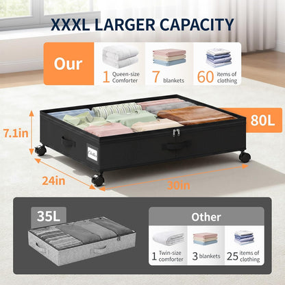 Yecaye 80L Under Bed Storage with Wheels, 2 Pack Under Bed Storage Containers with Lids for Clothes, Shoes and Blankets, Metal Rolling Underbed Storage Drawers for Bedrooms and Dorms, Grey