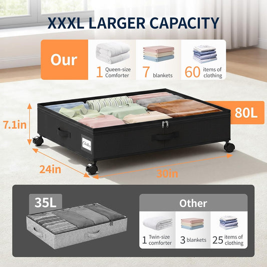 Yecaye 80L Under Bed Storage with Wheels, 2 Pack Under Bed Storage Containers with Lids for Clothes, Shoes and Blankets, Metal Rolling Underbed Storage Drawers for Bedrooms and Dorms, Grey
