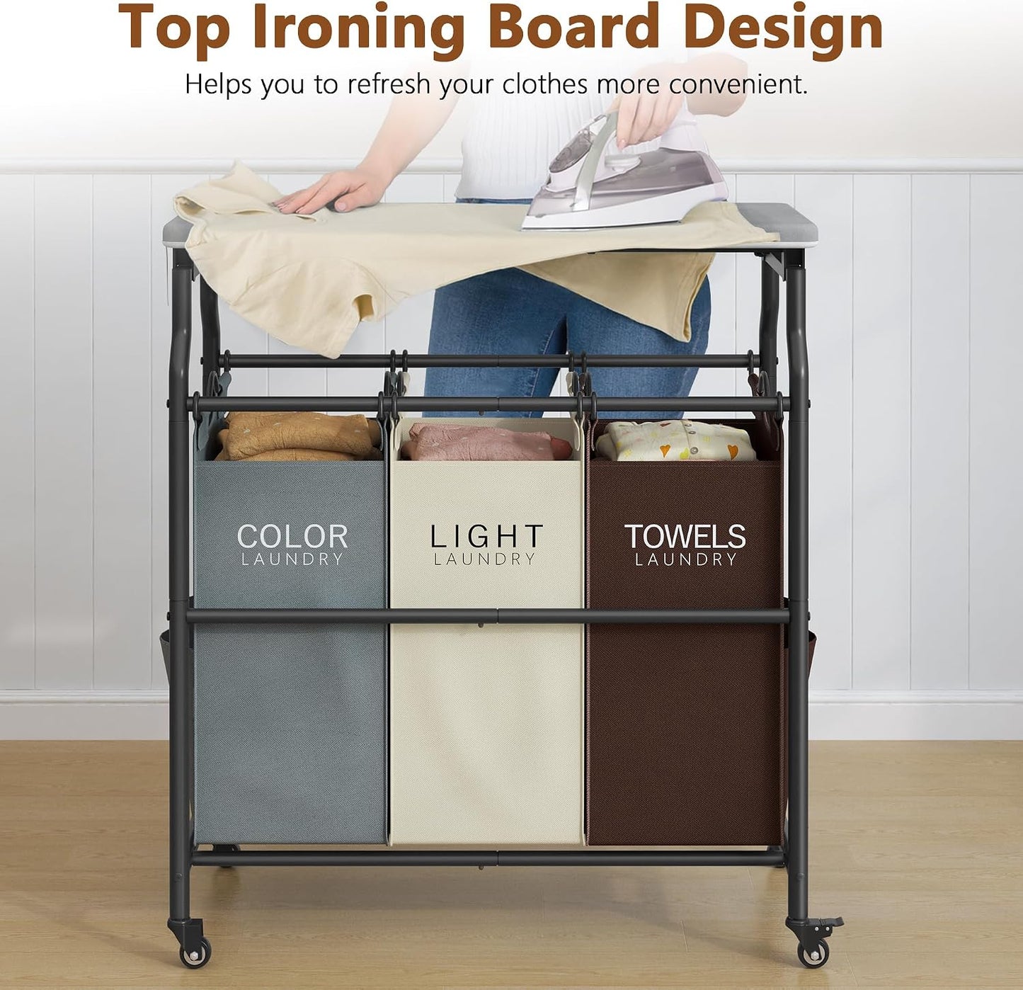 Hoctieon 3 Section Laundry Sorter Cart with Ironing Board, Laundry Hamper with Shelf and Rolling Wheels, Heavy Duty Laundry Basket Organizer, Large Clothes Separator Hamper with Removable Bags, Black