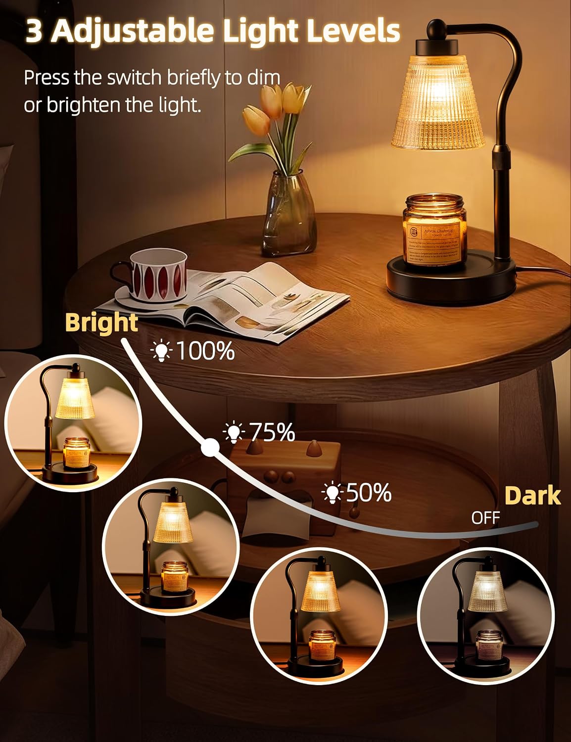 Candle Warmer Lamp for Jar Candles, Height Adjustable & Dimmable with 2/4/8H Timer, 2*50W Halogen Wax Melter Warmer for Home Office Décor, Flameless & Smokeless, Gift for Women Mom, Black-Clear/1 Pack