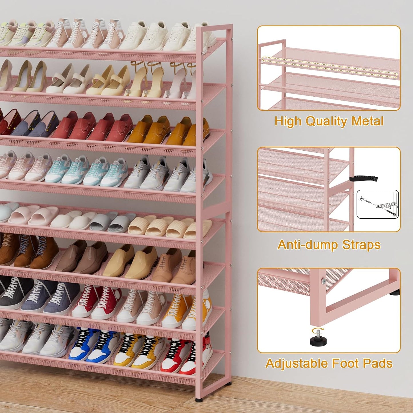 Large Shoe Rack 8 Tier Shoe Organizer, Heavy Duty Metal 4-Tier Stackable Shoe Storage Vertical Shoe Rack for Closet Front Door Entrance, Up to 50 Pairs, 44.8" W x 11.4" D x 56.7" H, Black