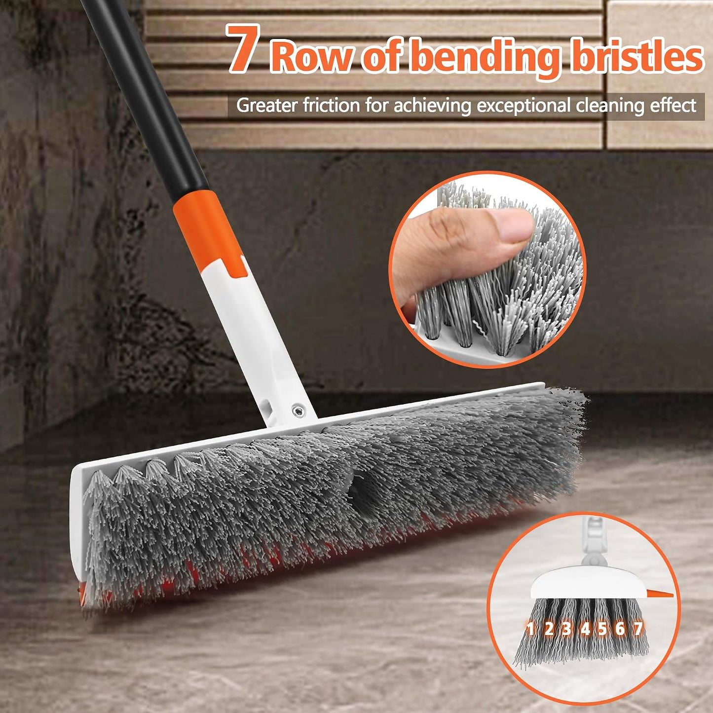 NEWE Floor Scrub Brush with Long Handle, 2 in 1 Stiff Bristles Scrubber Mop with Squeegee for Cleaning Deck Tile Tub Garage Patio Wall Sink Bathroom Kitchen