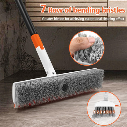 NEWE Floor Scrub Brush with Long Handle, 2 in 1 Stiff Bristles Scrubber Mop with Squeegee for Cleaning Deck Tile Tub Garage Patio Wall Sink Bathroom Kitchen