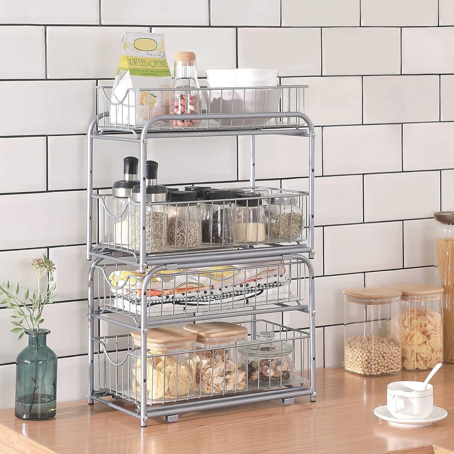 SONGMICS 2-Tier Pull Out Cabinet Organizers, Under Sink Organizer, Bathroom Organizer and Storage, Sliding Basket Drawers, Stackable for Kitchen, Bathroom, Metallic Silver UKCS017E01