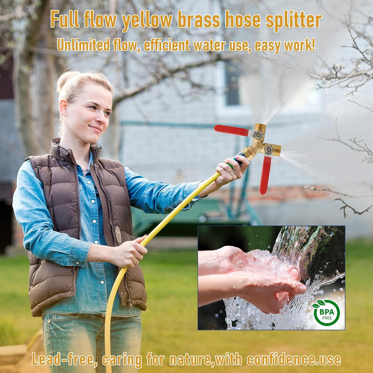 Garden Hose Splitter 2 Way, Heavy Duty Brass Y Valve Water Hose Splitter With Stainless Steel Long Handle Outdoor Full Flow Hose Splitter Connector,Y Valve 3/4 Inch GHT Thread