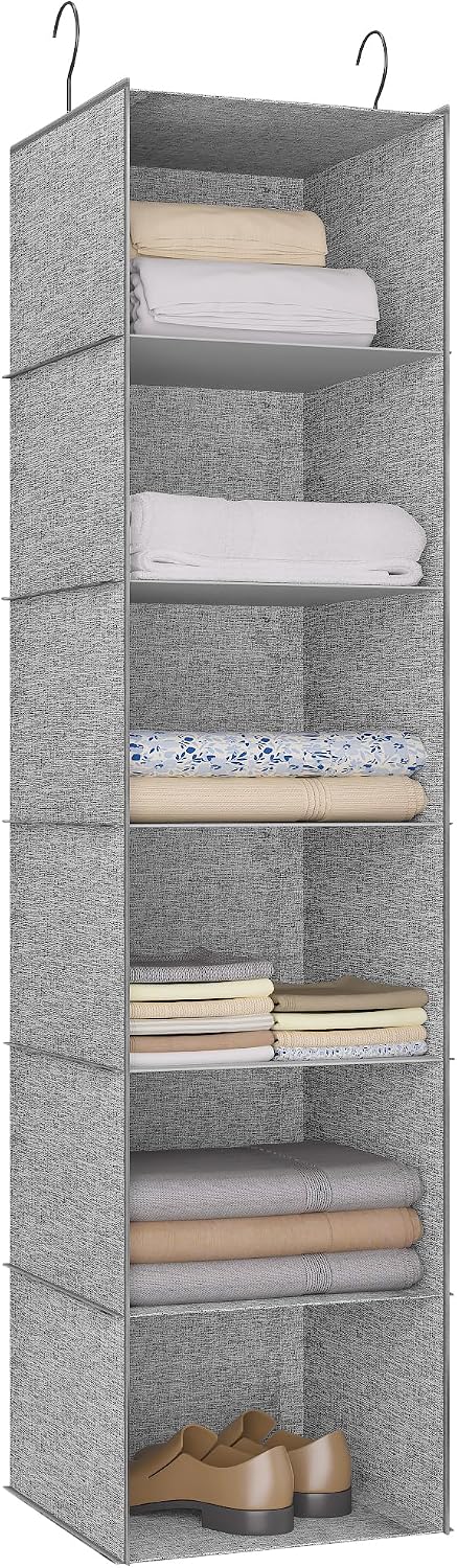 Hanging Closet Organizer 3-Shelf, Oxford Fabric Wardrobe Storage, Gray | Easy-mount foldable design holds clothes, handbags, shoes & accessories; washable Oxford fabric, sturdy and space-saving.