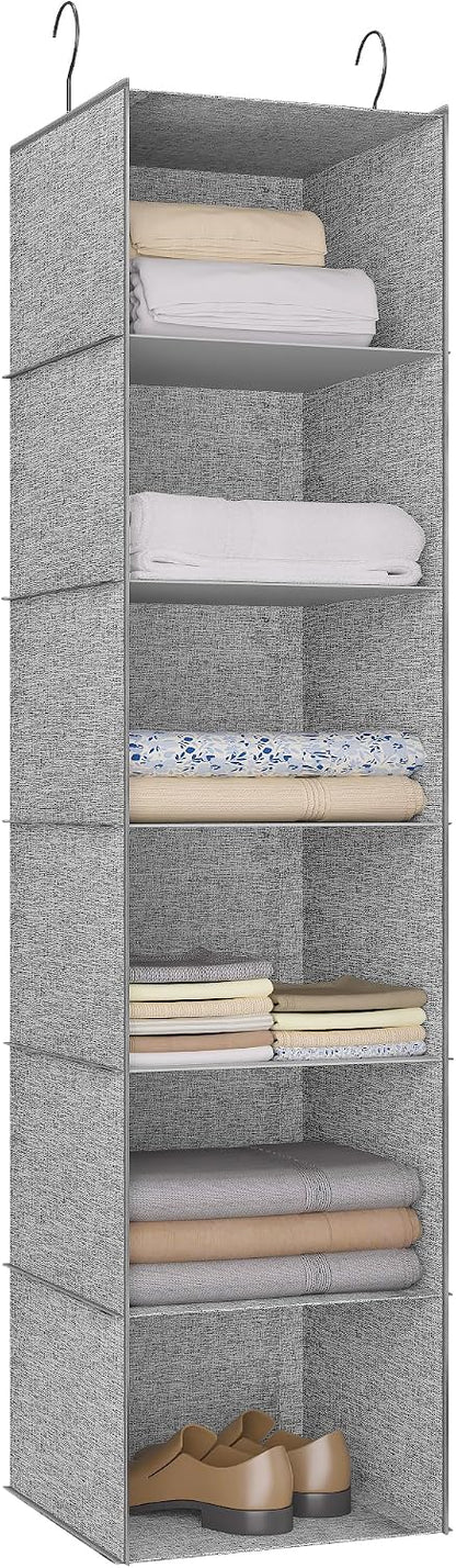 Hanging Closet Organizer 3-Shelf, Oxford Fabric Wardrobe Storage, Gray | Easy-mount foldable design holds clothes, handbags, shoes & accessories; washable Oxford fabric, sturdy and space-saving.