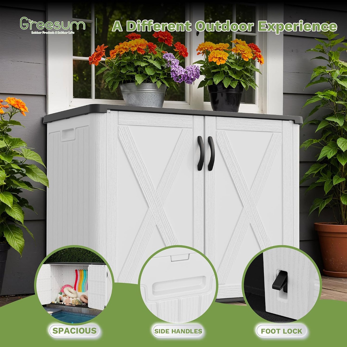 Greesum Outdoor Storage Cabinet, 26 CUFT Deck Box Without Shelves, Waterproof Plastic Storage Shed for Patio Cushions, Gardening Tools, Lockable and Sidehandles, UV Resistant, Beige