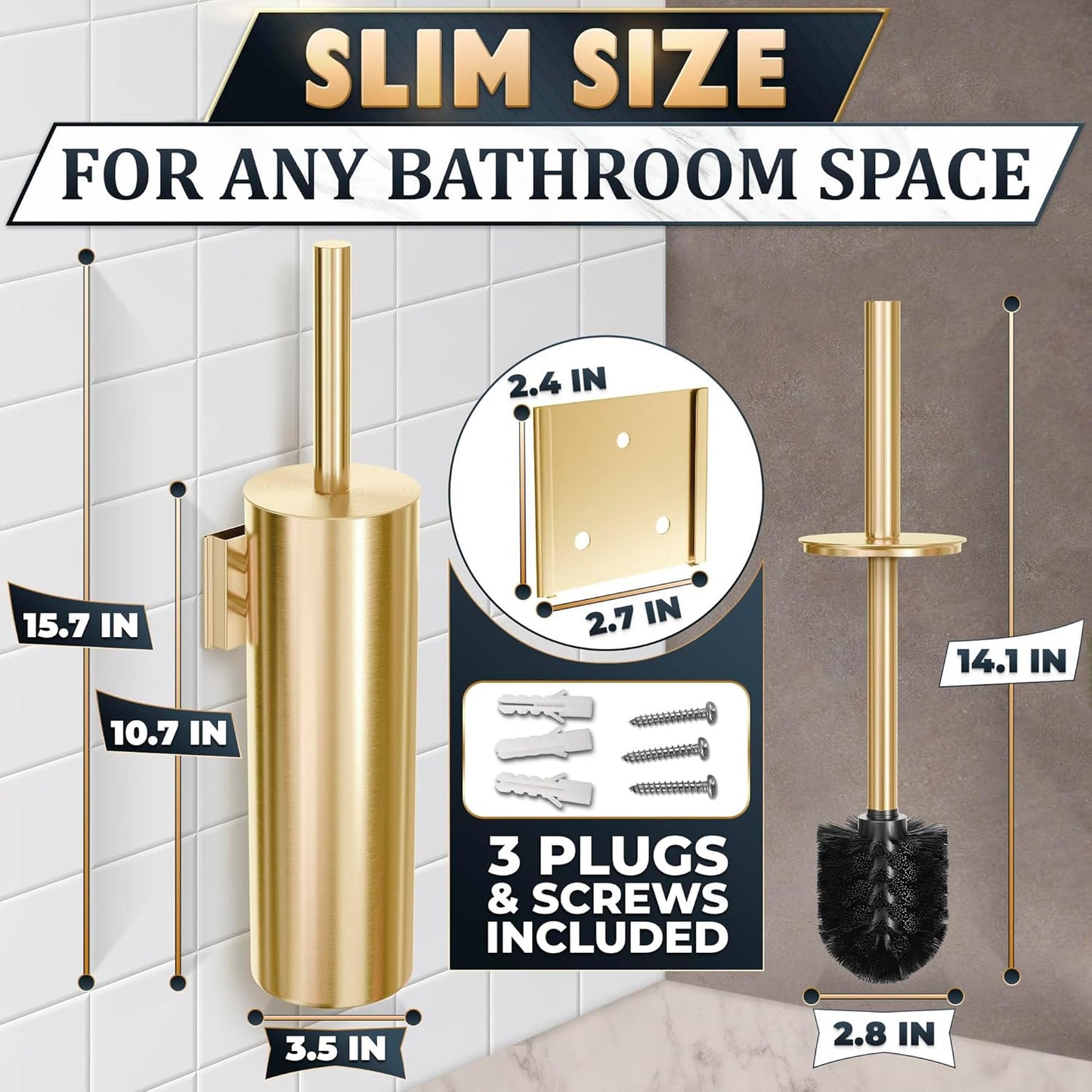 Black Toilet Brush and Holder Set - Slim Matte Design that Fits Anywhere - Stainless Steel Toilet Bowl Brush and Holder with 2 Rounded Corners, Replaceable Head, Removable Inner Bowl & Splash Guard