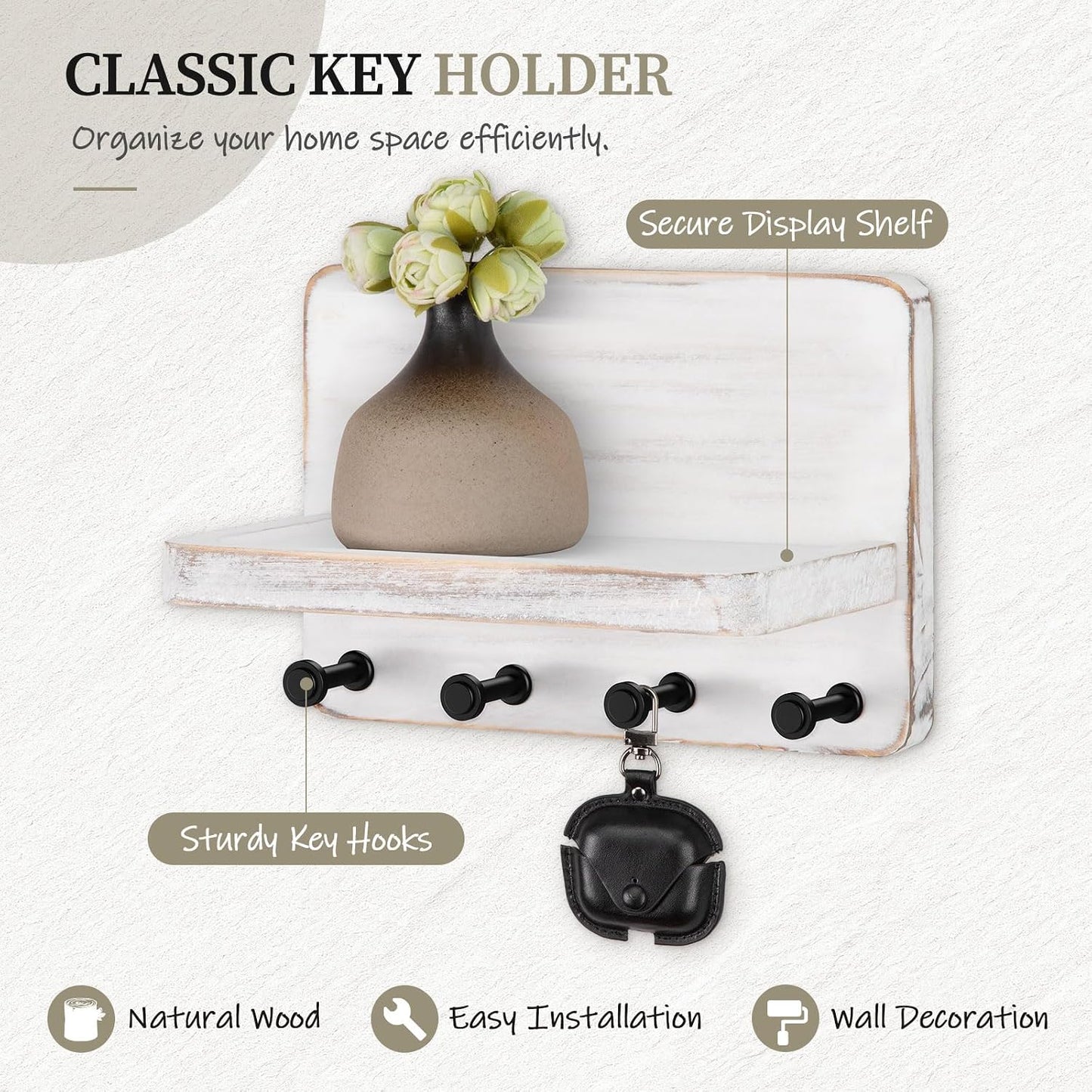 Nekon Key Holder for Wall with Shelf, Pine Wooden Key Hanger Wall Mounted, Farmhouse Wall Organizer for Home Entryway & Apartment (Standard, Wood)