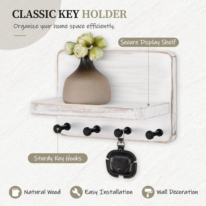 Nekon Key Holder for Wall with Shelf, Pine Wooden Key Hanger Wall Mounted, Farmhouse Wall Organizer for Home Entryway & Apartment (Standard, Wood)