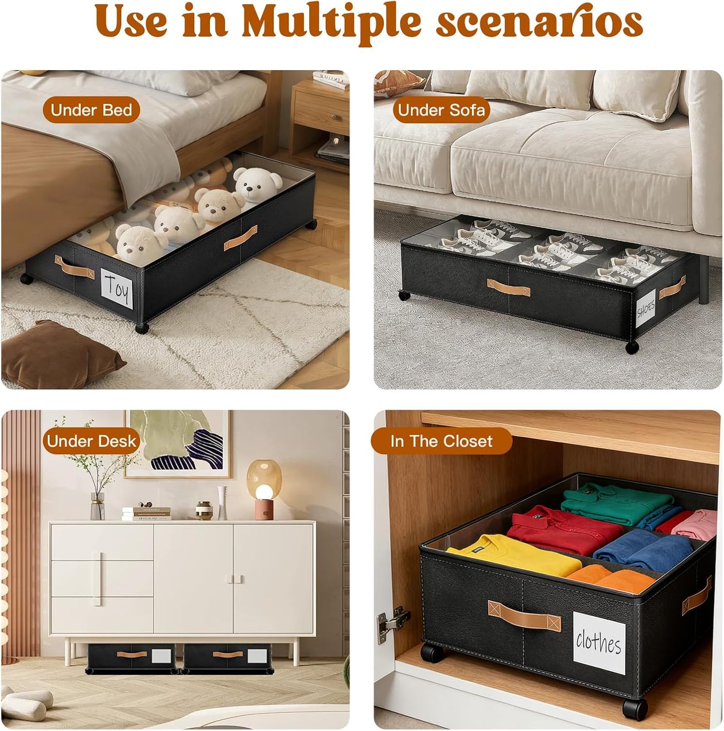 Under Bed Storage with Wheels, Rolling Under Bed Storage Containers with Clear Lid and Handles for Clothes, Shoes, Blankets, Pillows, Toys, Books, Bags (60L, 30.9 x 16.9 x 6.7in, Black, 2 Pack)