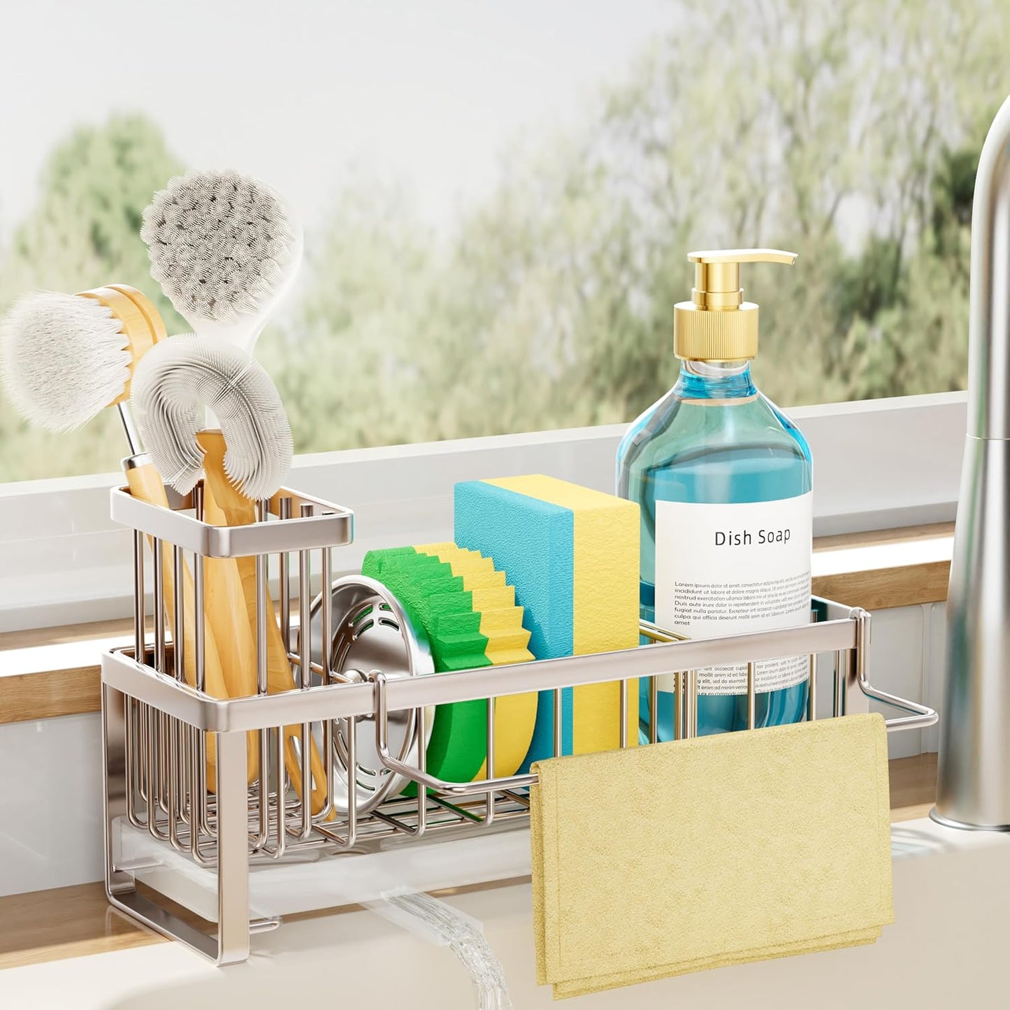 SWTYMIKI Sink Caddy Sponge Holder - Large Sponge Holder for Kitchen Sink with 360°Auto-Drain Tray, Rustproof Stainless Steel Kitchen Organizer Caddy for Countertop Organization