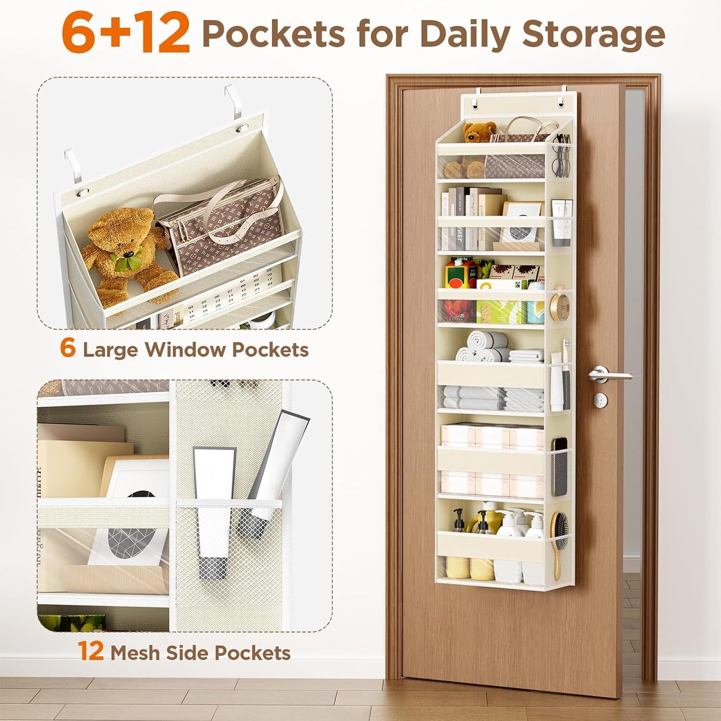 6 Tiers Over The Door Organizer, Heavy Duty Hanging Organizer Storage with Large Capacity Pockets, Behind Door Storage Hanging Shelves for Closet Wall Bathroom Bedroom Nursery Pantry, 1 Pack Grey