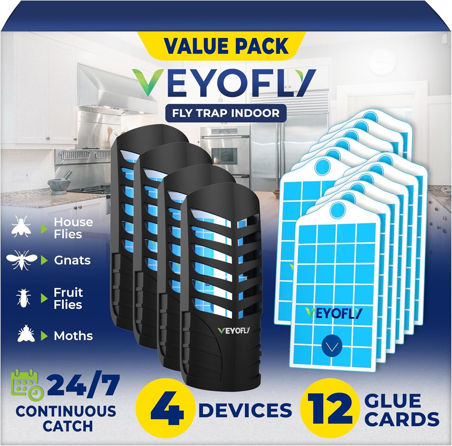 VEYOFLY Fruit Fly Traps for Indoors (2 Device + 6 Refills), Gnat Trap Indoor Plug in, Bug Traps, Flying Insect Trap, Gnat Traps for House Indoor, Fly Trap Indoor for Home Bug Light, Gnats Catcher
