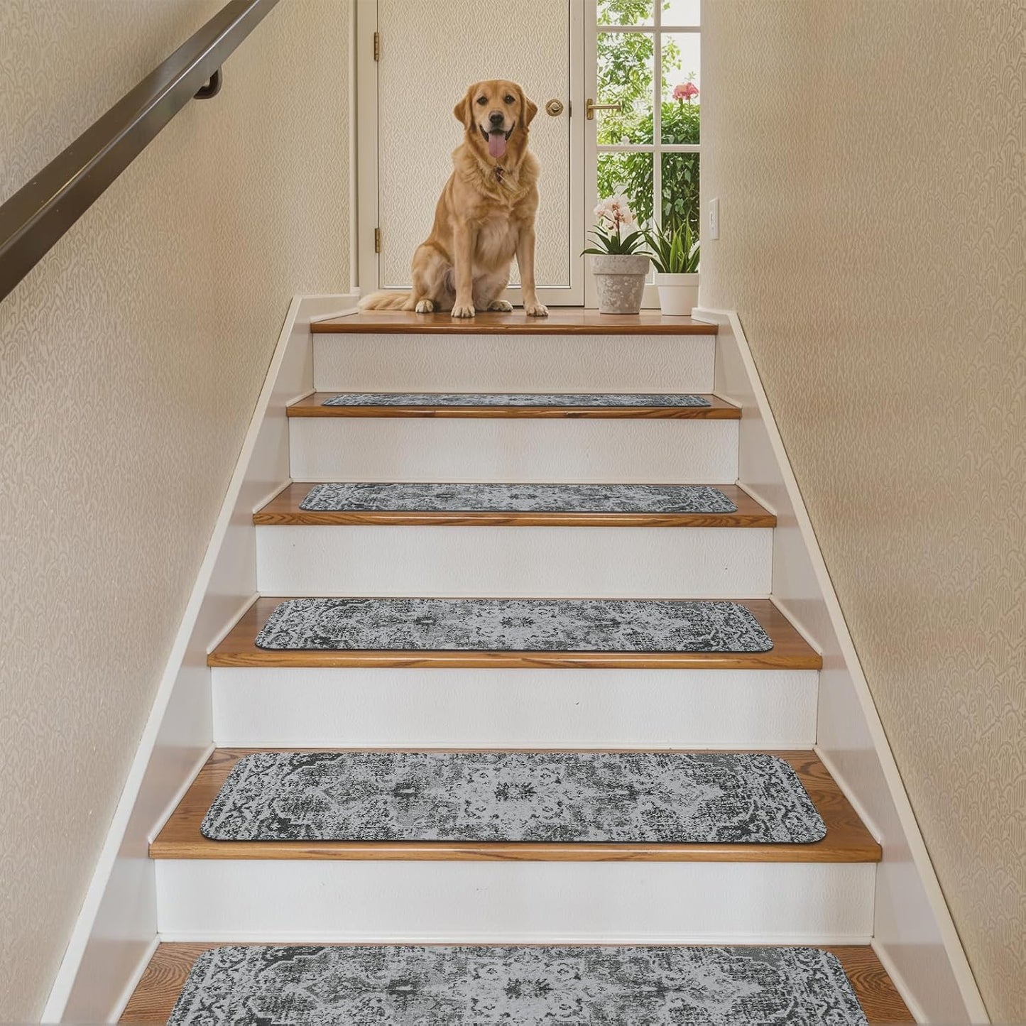OJIA Non-Slip Carpet Stair Treads for Wooden Steps Set of 15, 30''X8'' Indoor Runner Resistant Rugs Rubber Safety Mats for Dogs, Kids & Elders, Stairway Grip