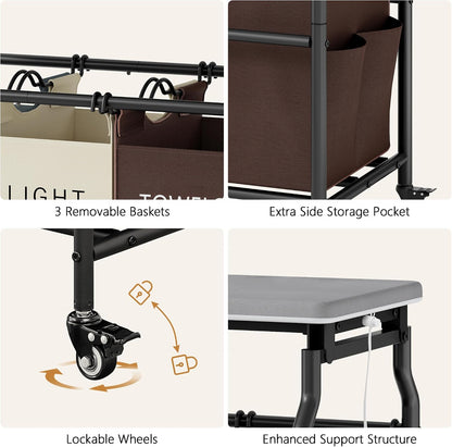 Hoctieon 3 Section Laundry Sorter Cart with Ironing Board, Laundry Hamper with Shelf and Rolling Wheels, Heavy Duty Laundry Basket Organizer, Large Clothes Separator Hamper with Removable Bags, Black