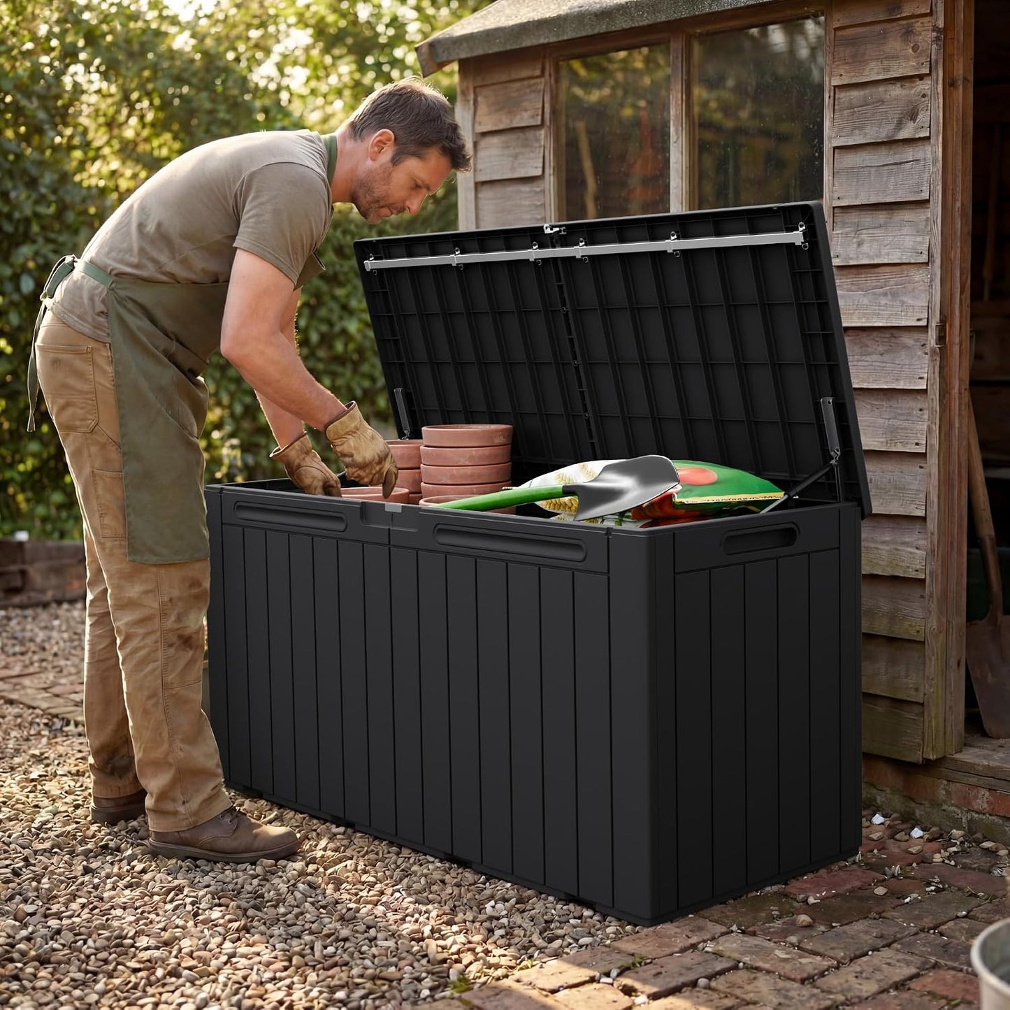 Greesum 110 Gallon Outdoor Storage Box with Lockable Lid, All-Weather for Patio Furniture, Pool Supplies & Garden Tools, Waterproof, UV-Resistant Large Deck Box, Dark Black