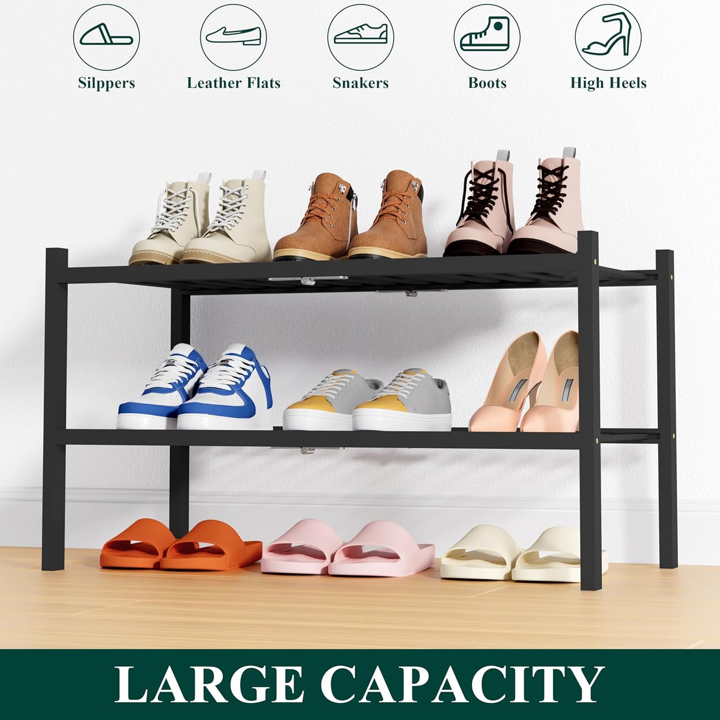 Smiry Bamboo Shoe Rack, 3 Tier Free Standing Wooden Shoe Organizer, Stackable Wood Shoe Storage Shelf for Closet, Entryway, 12 Vertical Slats, 2+1 Stack Standard Legs, 26.8"x11"x19.5", Natural