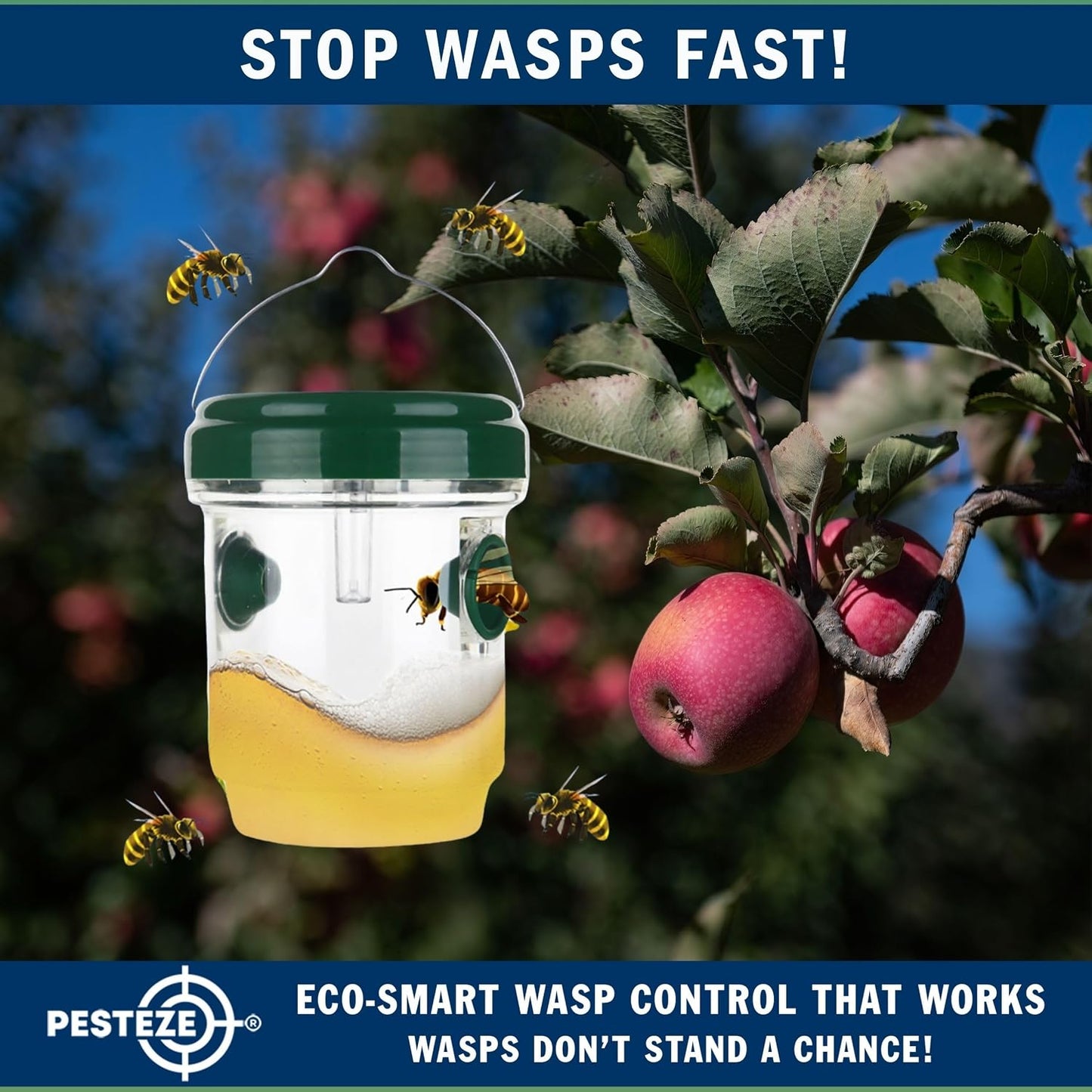 2 Pack PESTEZE Reusable Solar Hanging Wasp Trap with LED Light [Green Color: 3.5 X 4.4 Inch] Attracts, Catches Wasp, Hornet, Yellow Jacket & Insect Species 24/7. Waterproof & Durable