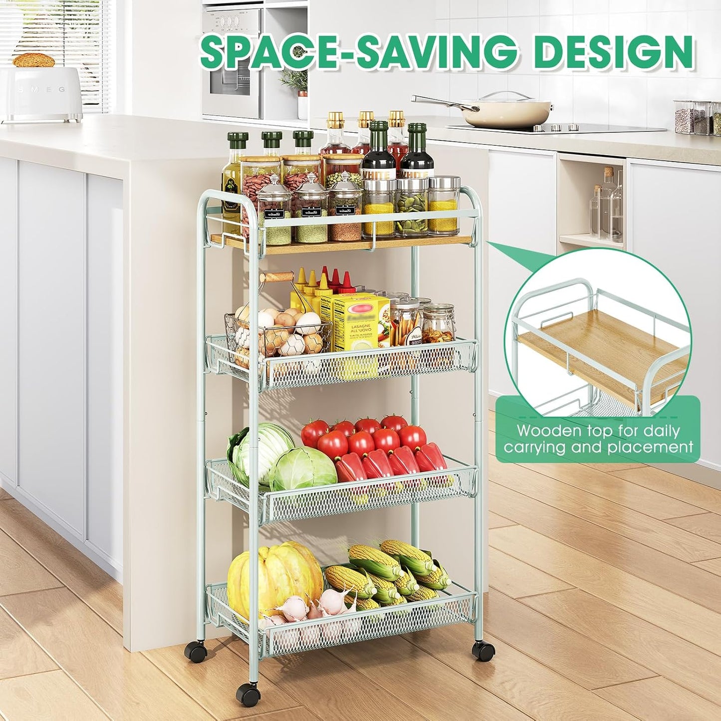 TOOLF 4-Tier Slim Rolling Cart, Metal Utility Cart, Slide Out Storage Cart with Wooden Tabletop and Mesh Baskets for Narrow Space on Kitchen Bathroom Laundry Room Bedroom Apartments Dormitory