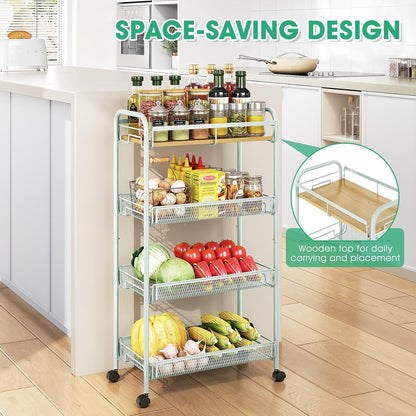 TOOLF 4-Tier Slim Rolling Cart, Metal Utility Cart, Slide Out Storage Cart with Wooden Tabletop and Mesh Baskets for Narrow Space on Kitchen Bathroom Laundry Room Bedroom Apartments Dormitory