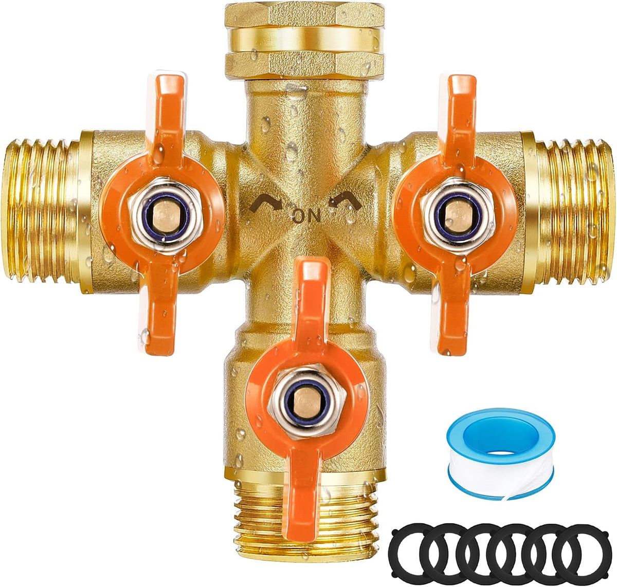 IPOW Upgrade Full Flow Garden Hose Splitter with Stainless Steel Handle, Brass Heavy Duty 2 Way Y Valve Garden Hose Splitter High Flow Spigot Splitter + 6 Rubber Hose Washers with Comfort Grip Use