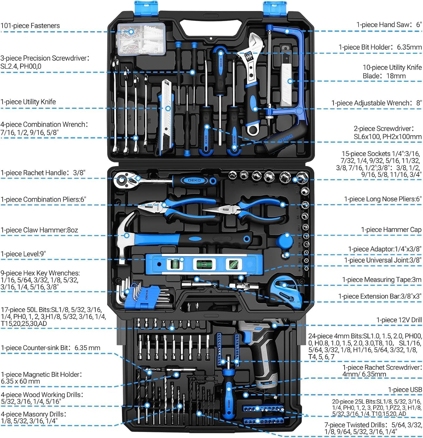 Pink Tool Kit Box Drill Set：DEKOPRO Home Mechanic Toolbox with 12V Power Cordless Drill Hand Repair Tools Sets Combo Kits Storage Organizer Drawer Case for Men & Women