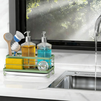 Cisily Stainless Steel Sponge Holder for Kitchen, Sink Caddy Sink Organizer Rack for Kitchen Accessories with Drip Tray, Rustproof and Non-slip, Dish Soap Dispenser Countertop Organizer