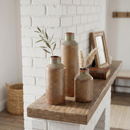 Brown Ceramic Vase Set of 3 - Rustic Farmhouse Vases for Centerpieces Small Modern Decorative Vase for Flower Kitchen Bathroom Bedroom Living Room Shelf Home Decor