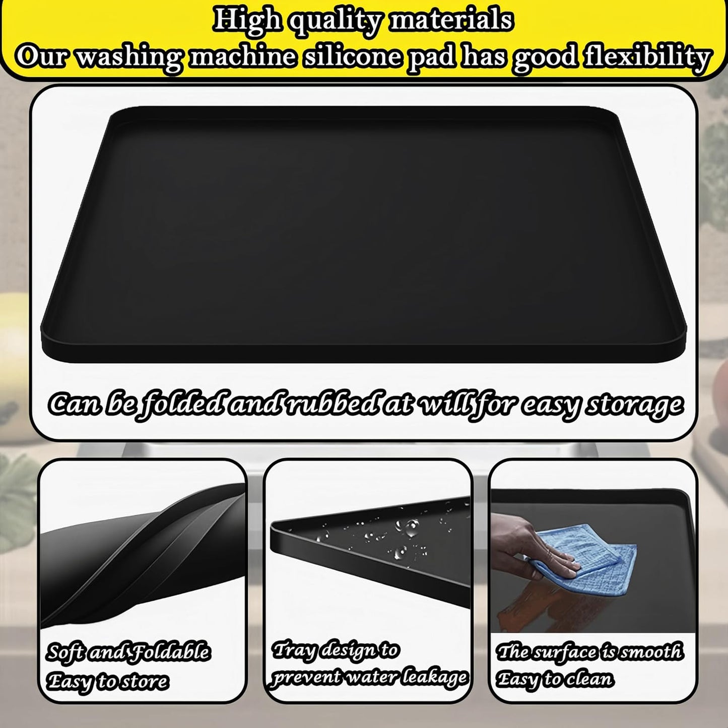 27×27inch Washer Drain Pan Silicone Mat, With Raised Edge Washing Machine Silicone Mat, Multi-function Non Slip, Soft Foldable Portable Waterproof Pad（grey）