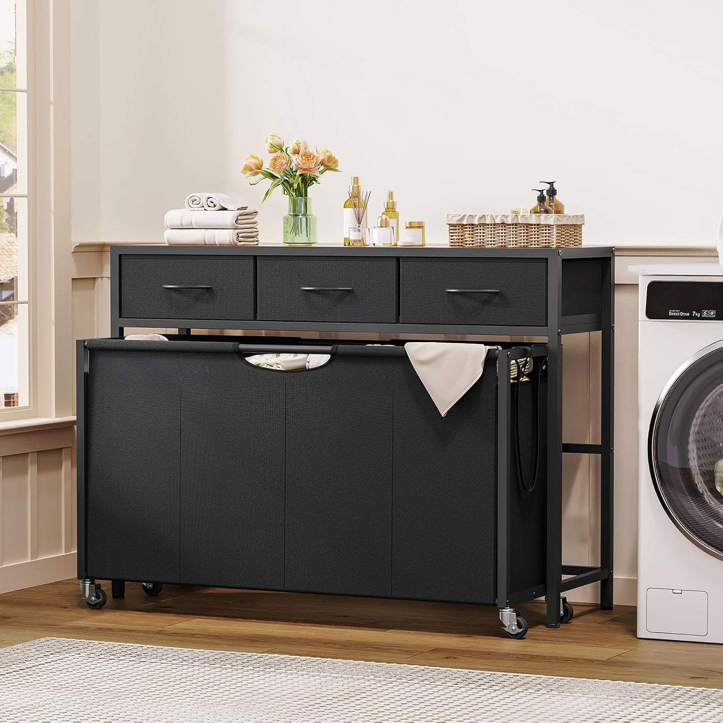 Laundry Sorter 3 Section, 120 L Laundry Hamper with 2 Drawers & 2-tone Top Panel, Rolling Laundry Basket Organizer with Pull-Out Removable Oxford Fabric Bags for Laundry Room Organization UNZYL006BVV3