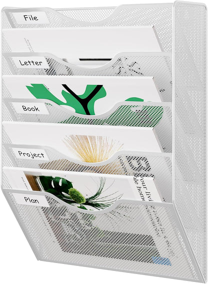 EasyPAG 5 Pocket Mesh Wall File Organizer with Key Hooks, Hanging Paper Folder Holder with Classify Label, Vertical Wall Mount Mail Organizer for Office Home Classroom, Black