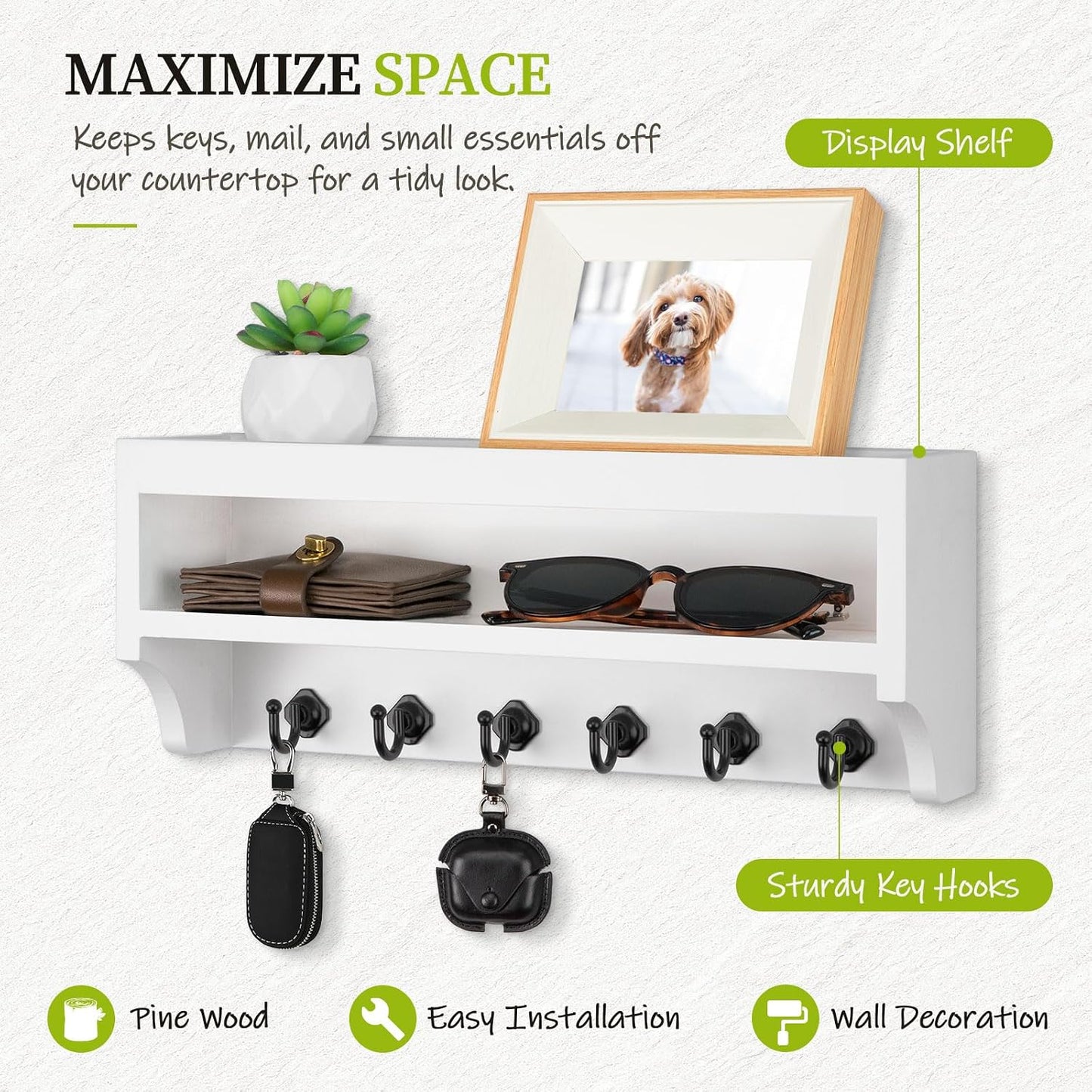 Nekon Key Holder Wall Mount, 12.8" W x 5.6" H x 3.7" D Wall Mounted Key and Mail Organizer with 6 Key Hooks, Key Racks for Home Entryway Decor (White)