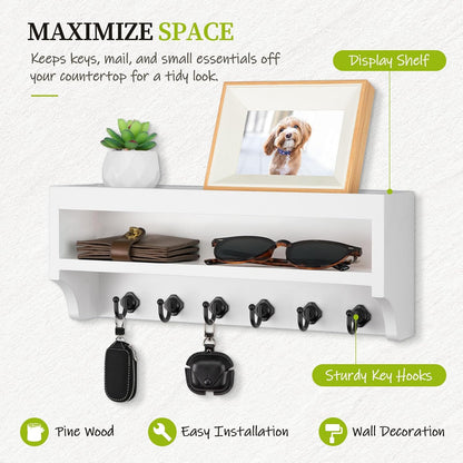 Nekon Key Holder Wall Mount, 12.8" W x 5.6" H x 3.7" D Wall Mounted Key and Mail Organizer with 6 Key Hooks, Key Racks for Home Entryway Decor (White)