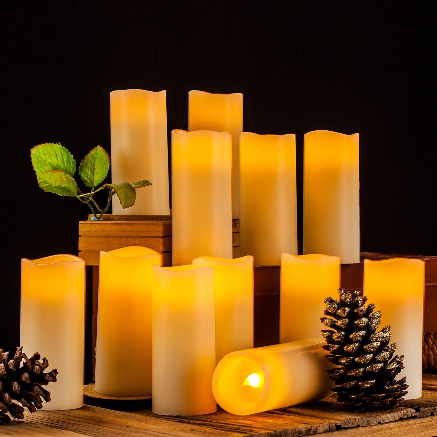 Enpornk Flameless Battery Operated Outdoor Waterproof Set of 12(D: 3" x H: 3" 4" 5" 6") Pillar LED Candles with 10-Key Remote and Cycling 24 Hours Timer