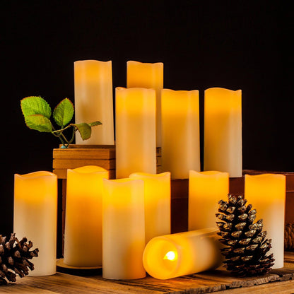 Enpornk Flameless Battery Operated Outdoor Waterproof Set of 12(D: 3" x H: 3" 4" 5" 6") Pillar LED Candles with 10-Key Remote and Cycling 24 Hours Timer