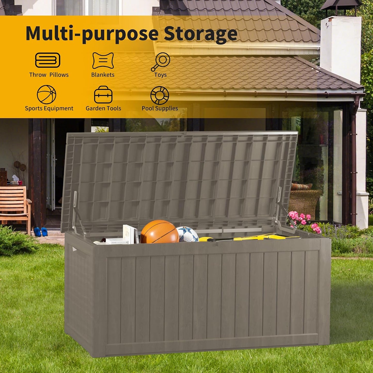 270 Gallon Lockable Resin Outdoor Storage Box, Waterproof & Weather Resistant Deck Box for Patio Cushion, Garden Tools & Pool Accessories, Black