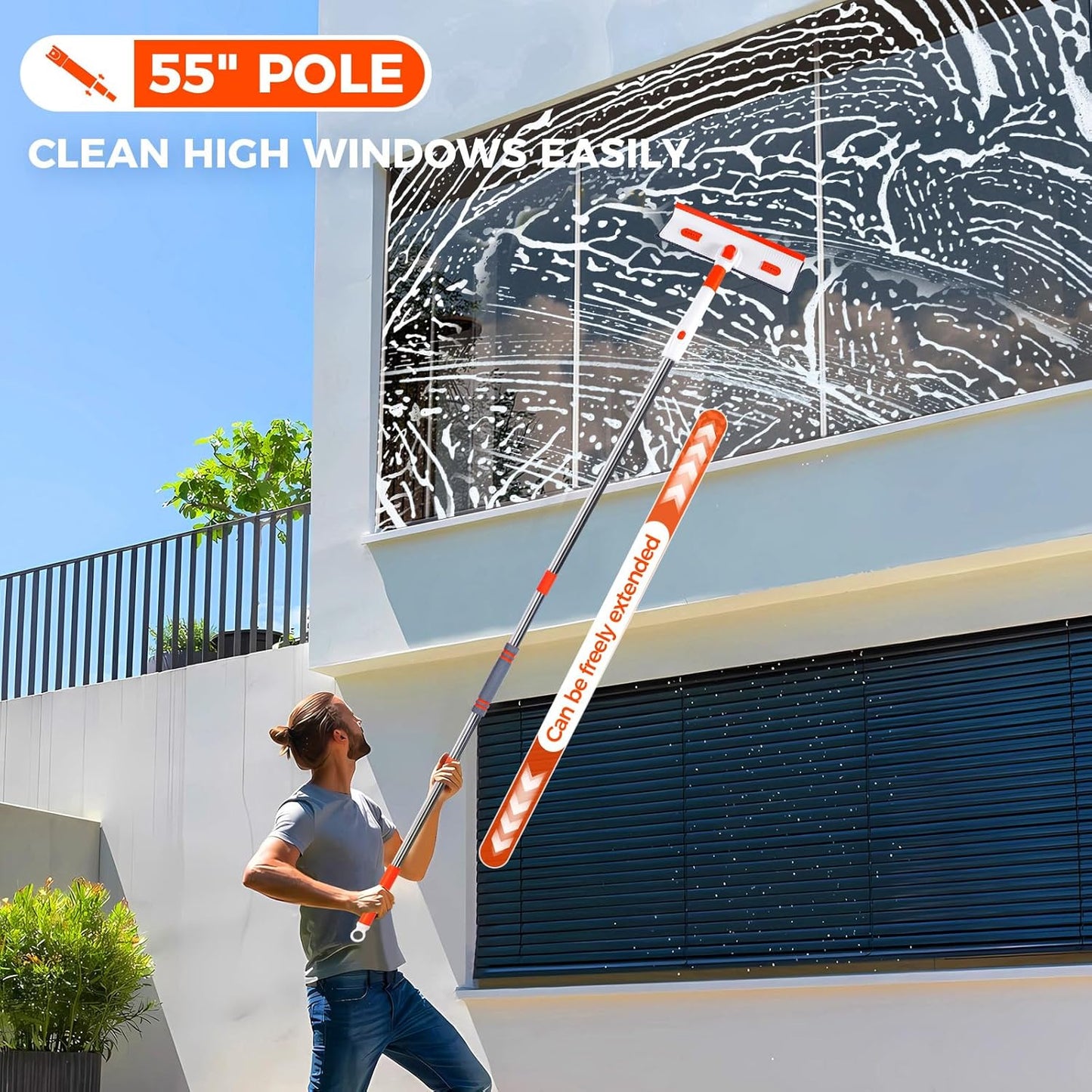 Professional Window Squeegee 2-in-1, Window Cleaner with 55" Extension Pole, Premium Squeegee for Window Cleaning, Streak-Free Window Cleaning Kit for High Windows, Shower Glass, Car Windshield