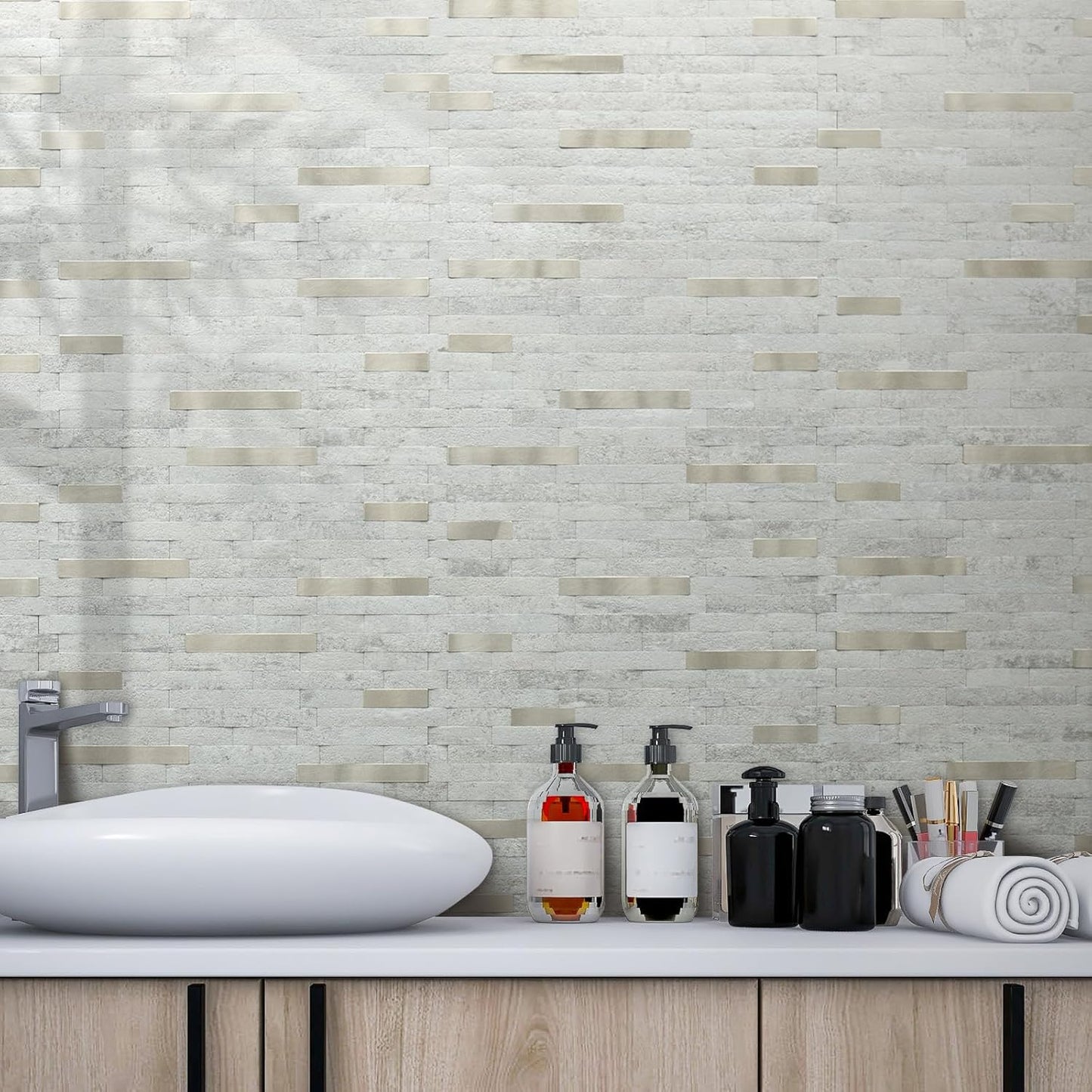 AULIGET 20 Sheets Peel and Stick Backsplash, Black & Grey Wood Look PVC Mixed Metal Stick on Backsplash Tiles for Kitchen