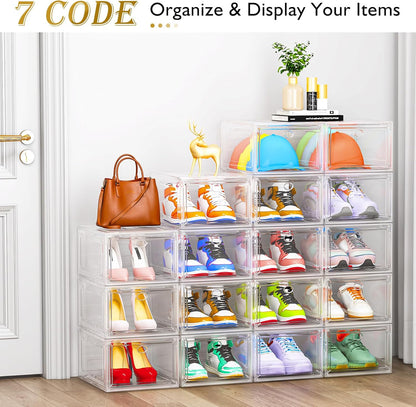 7 code Thicken & Sturdy Clear Shoe Storage Organizer with Magnetic Door, Stackable Boxes for Closet, Foldable Shoe Rack for Sneaker Boot Container, Plastic Shoe Cabinet Shoe Box 6 Pack, Black