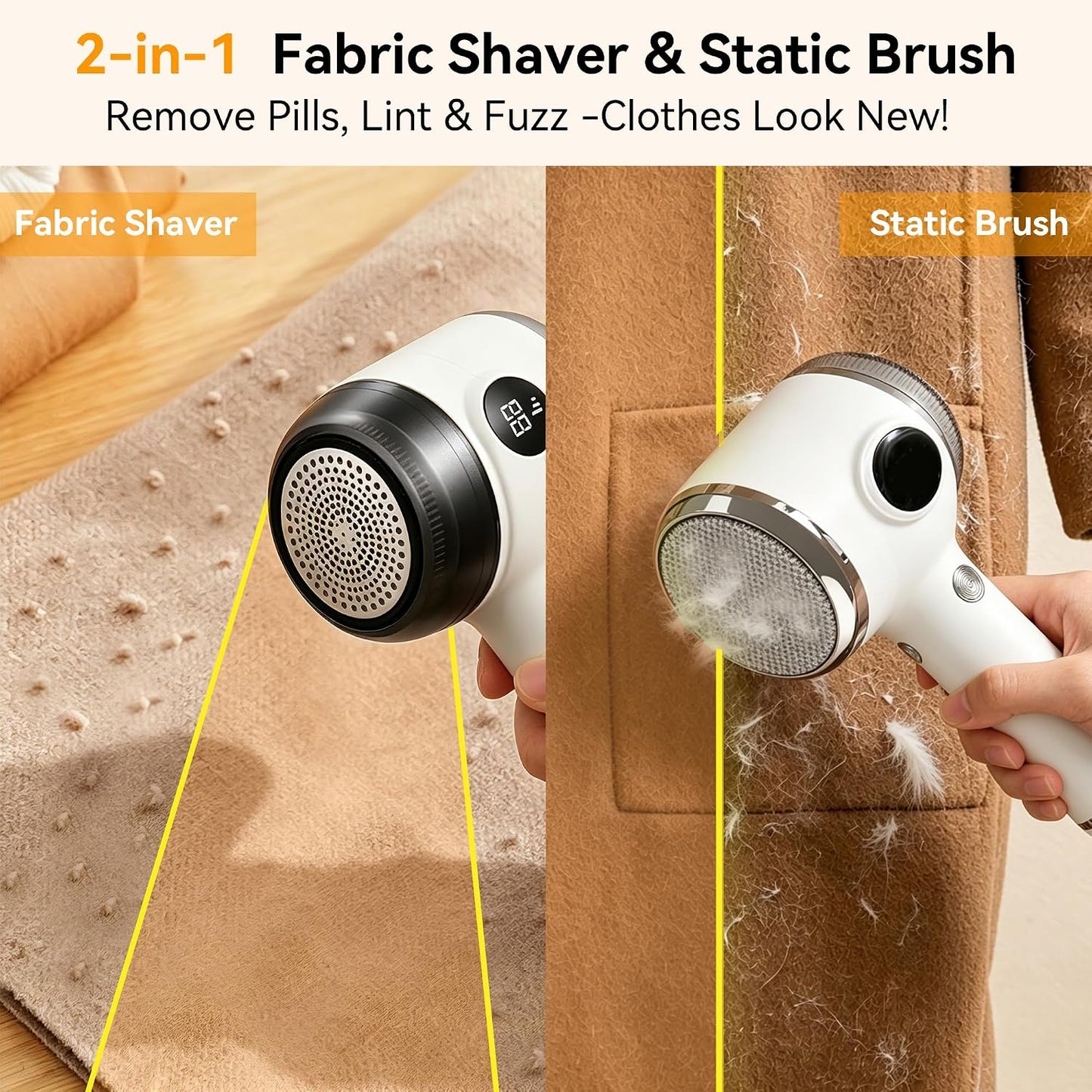 Cordless Rechargeable 2-in-1 Fabric Shaver & Lint Remover for Clothes, Electric Pill Remover with Static Brush for Sweater, Sofa, Blanket, Furniture,3-Speed, USB-C, 6-Blade