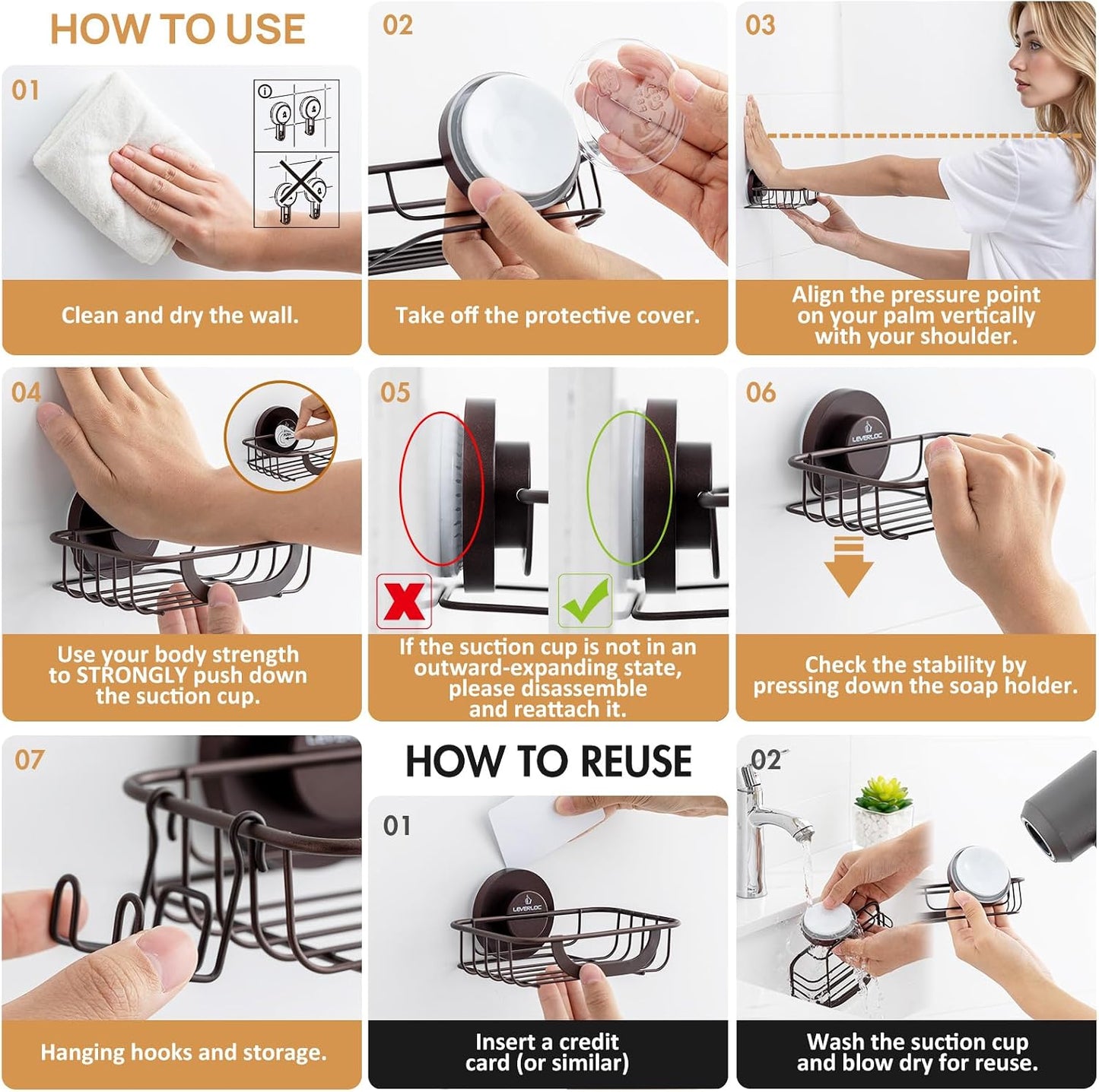LEVERLOC Bar Soap Holder for Shower with Hooks, Suction Cup Soap Dish Rustproof Stainless Steel for Bathroom Accessories, Sponge Saver Black